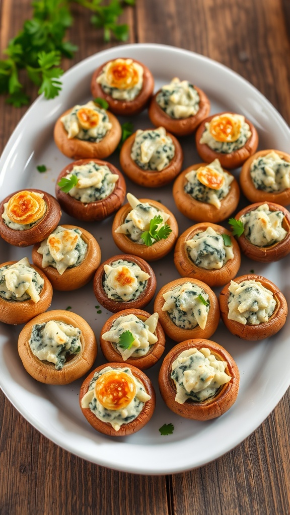 A close-up of stuffed mushrooms filled with spinach and cheese on a rustic platter, garnished with parsley.